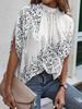 Women's Elegant Loose Short-Sleeve Printed Pullover Top with Round Neck Tie-Up Design