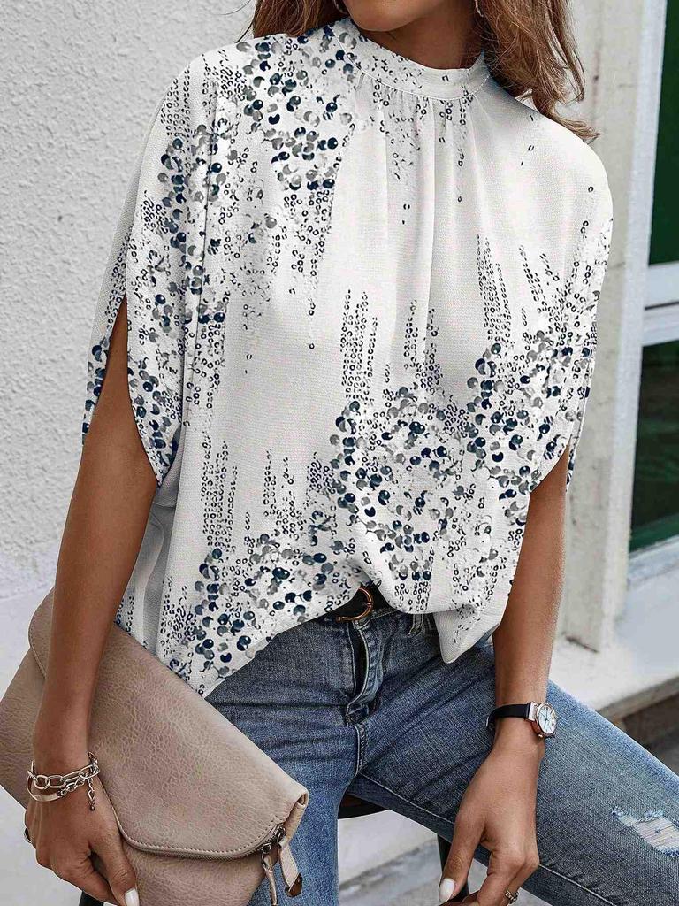 Women's Elegant Loose Short-Sleeve Printed Pullover Top with Round Neck Tie-Up Design