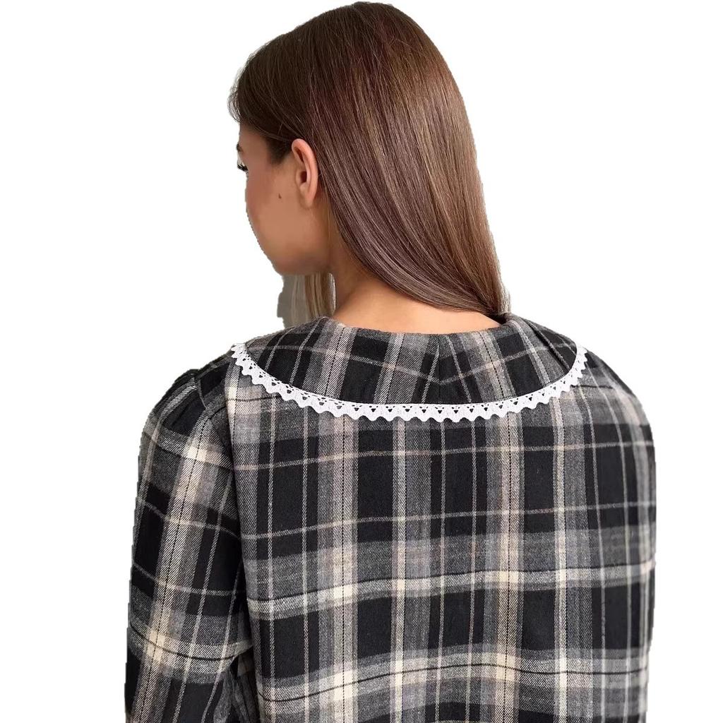 Women's Lace-trimmed Collar Button Down Shirts Long Sleeve Classic Plaid Business Casual Blouse Top Spring Fall Oversized Loose Fit Shirts for Women
