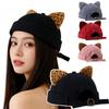 Leopard Print Cat Ears Melon Docker Cap Adjustable Cat-eared Hat Hip Hop Retro Skullcap  Unisex