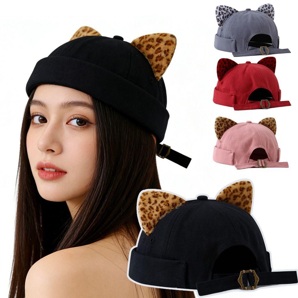 Leopard Print Cat Ears Melon Docker Cap Adjustable Cat-eared Hat Hip Hop Retro Skullcap  Unisex