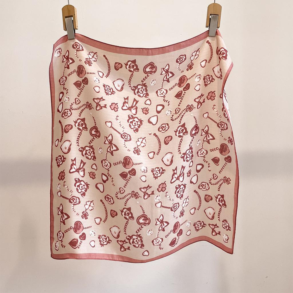 Spring new sweet love bow printing square scarf cotton and linen feel temperament scarf women's daily travel shawl