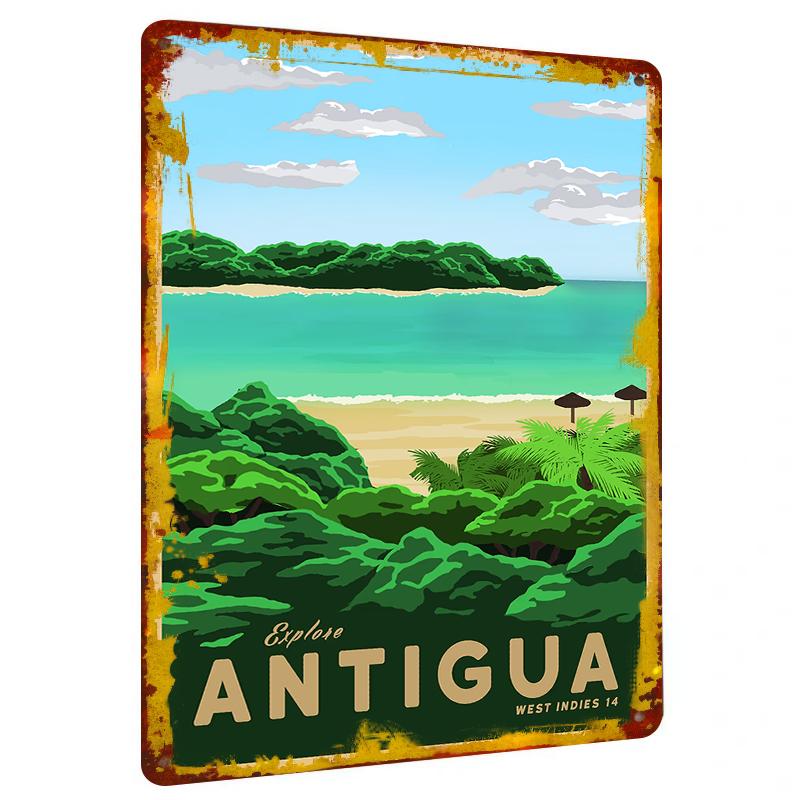 Antigua West Indies Vintage Travel Poster Metal Wall Art Tropical Beach Island Decor for Home Living Room 20x30cm（7.8x11.8inch）