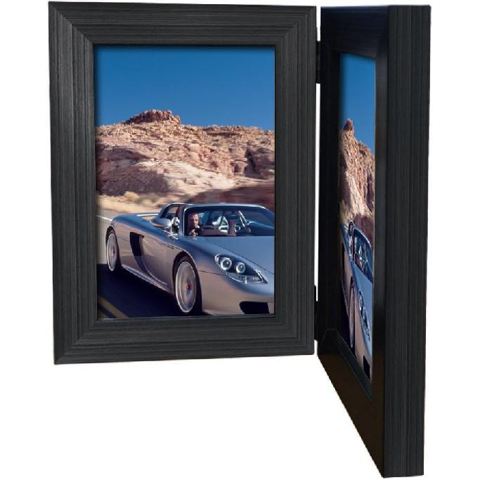 Lyeasw 3.5x5 Picture Frame Double Hinged, Classic Two Opening 3.5 by 5 Family Dual Photo Frame with Glass, Black Folding Free-Standing Vertical Frame