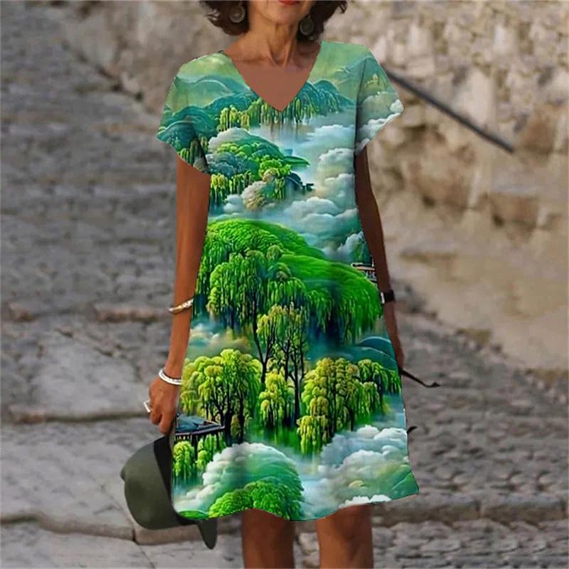 Fantasy 3D Print Women Dress Fashion Elegant Sweet Casual V-Neck Short Sleeve A-Line Dress Oversized Summer Scenery Dress