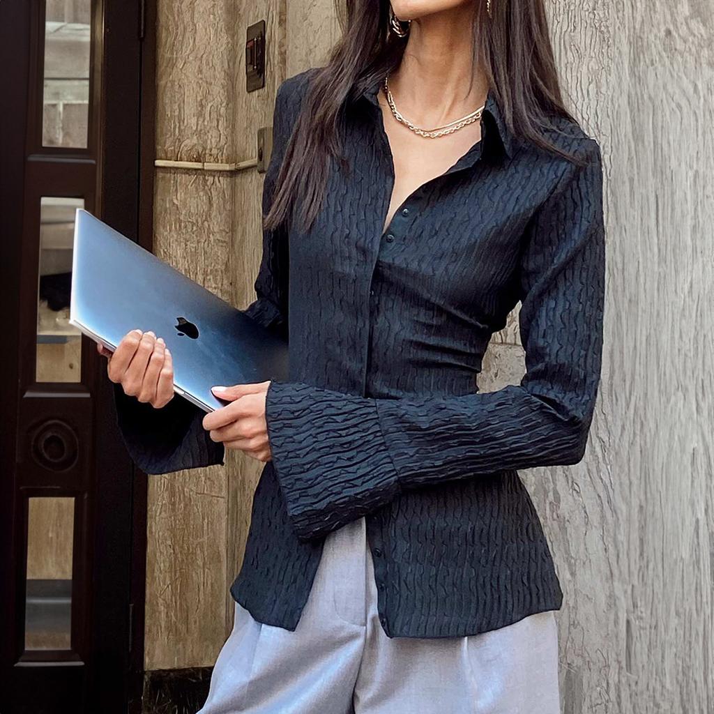 Lässiger Urlaubs-Unifarben Langarm Button-Down Hemd Damen Herbst/Winter 2025