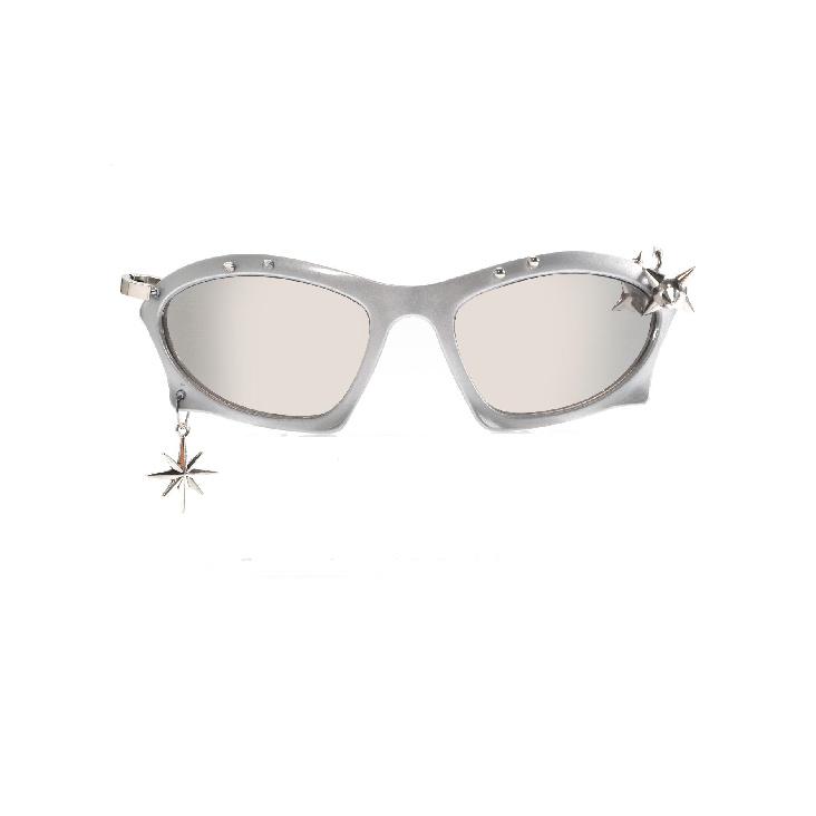 Trendy punk-style black sunglasses, unisex, with a unique cat-eye design, embellished with rhinestones, rivets, and a metal starburst pendant