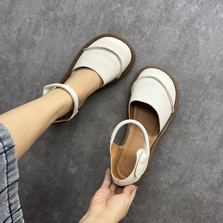 2025 summer new white flat bottom round head soft bottom bag head word with Velcro literary casual sandals women