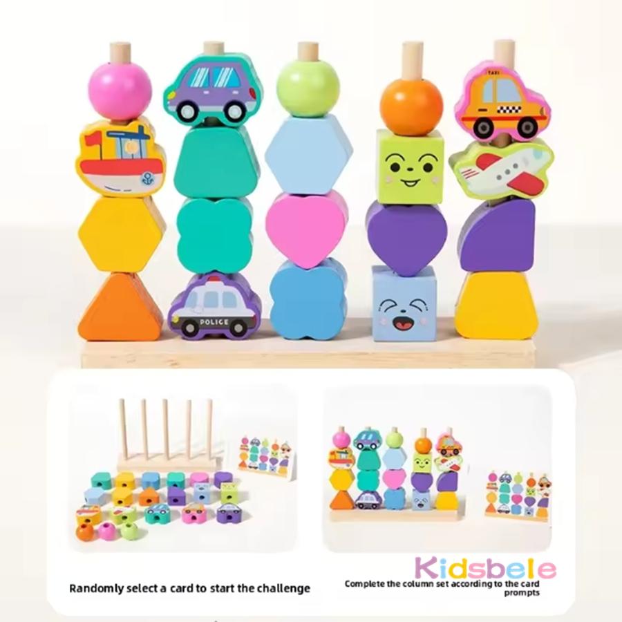 Wooden Sorting Stacking Games Beads Sequencing Toy Montessori Shape Matching Kids Geometric Shapes Awareness Gift for Christmas