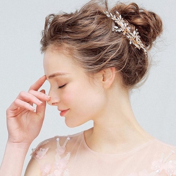 SLBRIDAL Handmade Golden Austrian Crystals Rhinestones Flower Leaf Wedding Hair Clip Barrettes Bridal Headpiece Hair Accessories