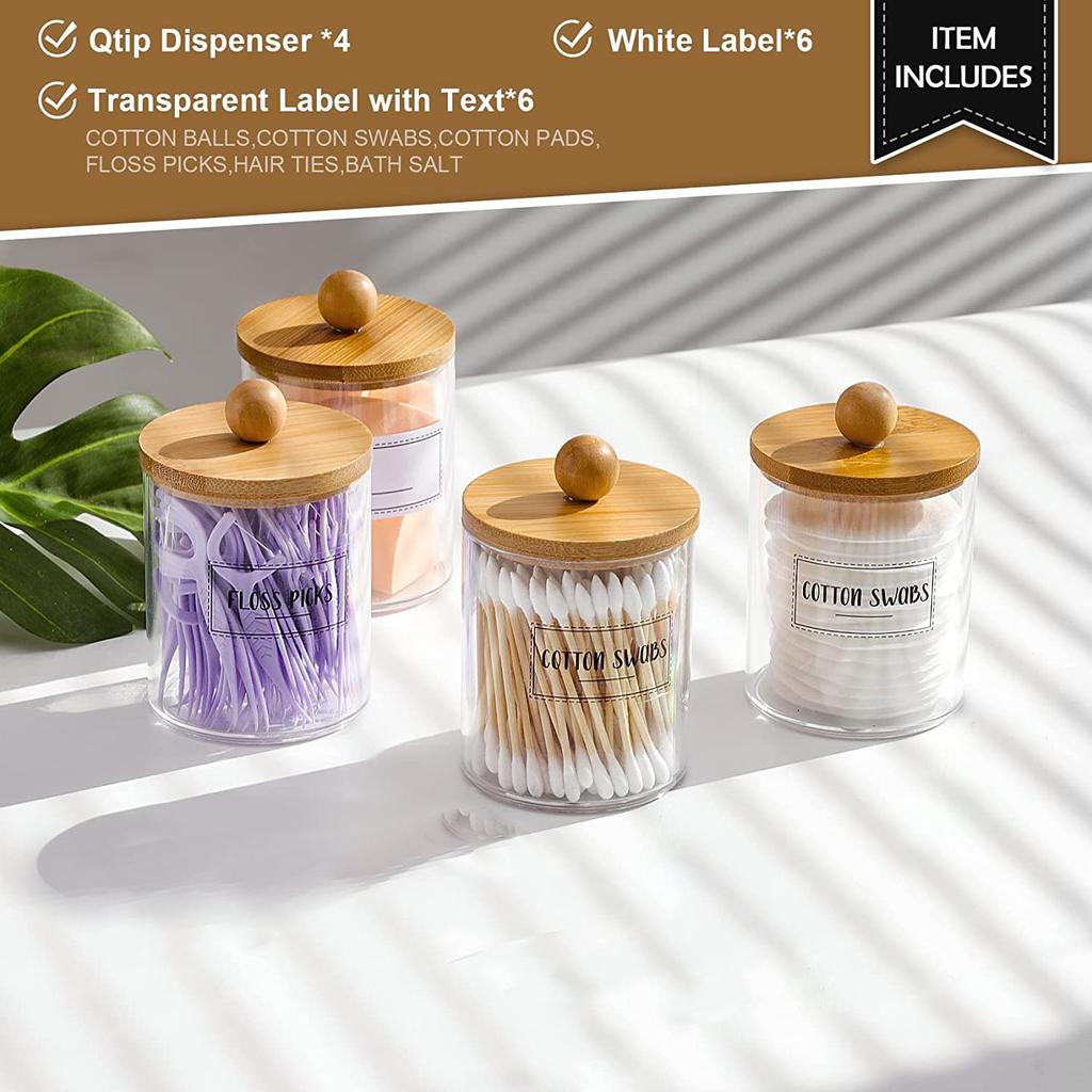 1 Pack Qtip Holder Dispenser with Bamboo Lids - 10 oz Clear Plastic Apothecary Jar Containers for Vanity Makeup Organizer Storage - Bathroom Accessor