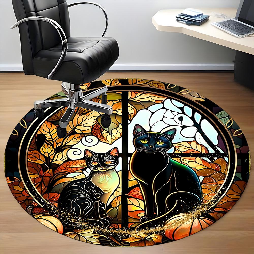 1pc Cat Autumn Office Round Area Rug, Indoor Mat Suitable ForOffice, Under Office Chairs Bedroom Living Room Home Decor, Room Deco D032
