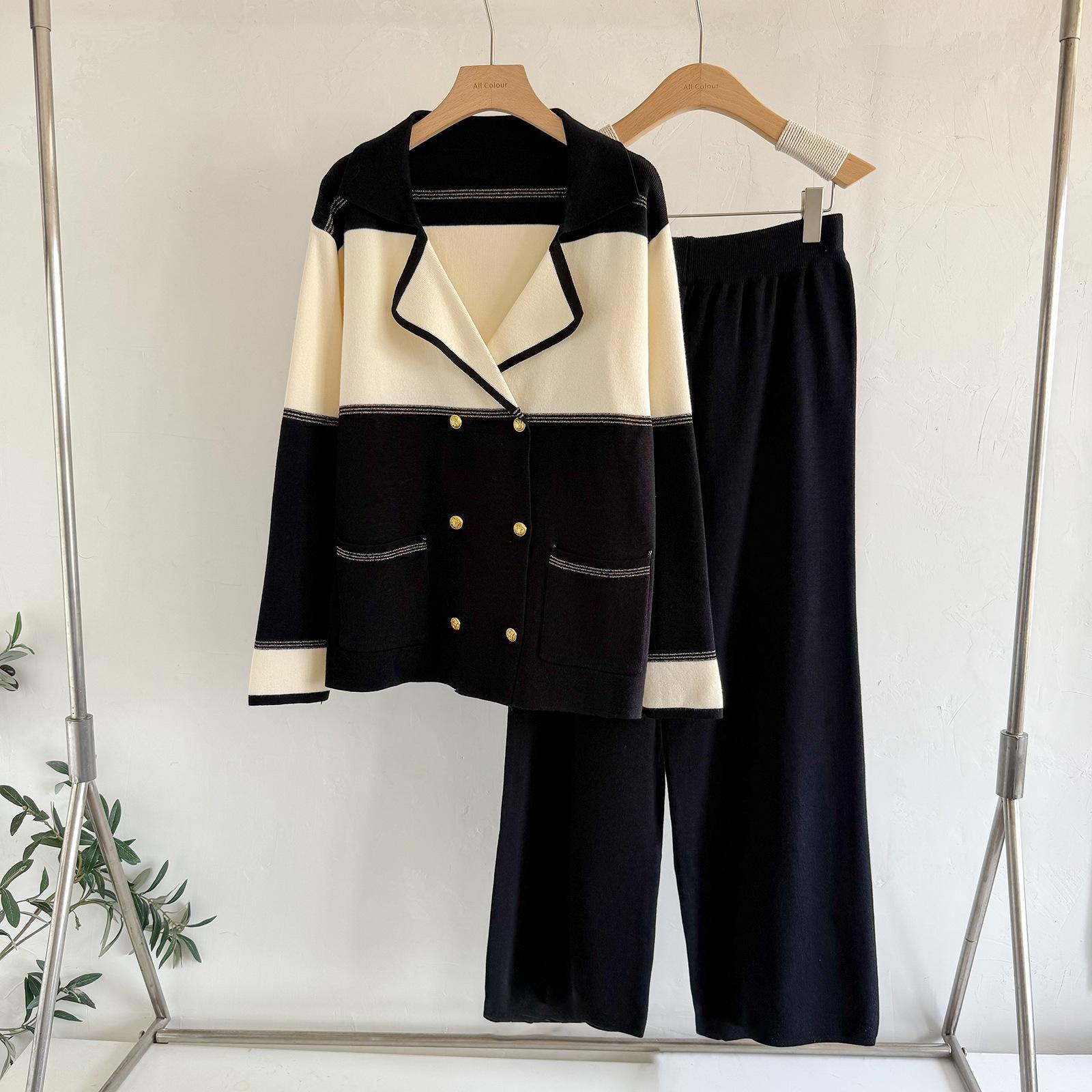 

Temperament Suit Collar Suit Women s 2025 Autumn and Winter Knitted Top Wide-leg Pants Two-piece Set One size чорний