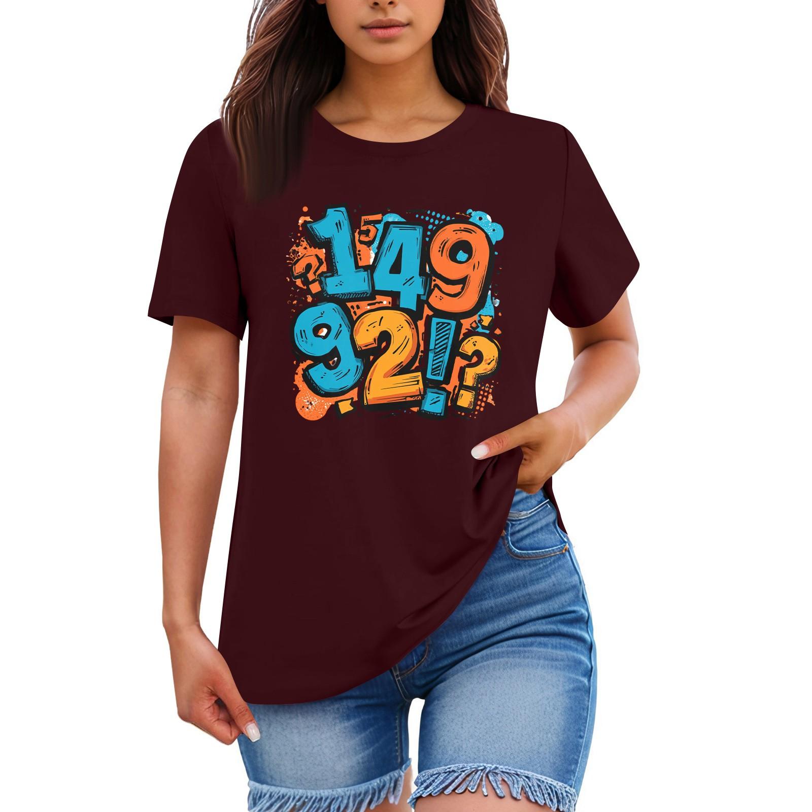 

Ladies Loose Comfortable Casual Fashionable Character Printed Round Neck Short Sleeved Shirt L винний