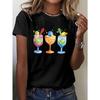 Pickleball Themed Cocktails Illustration Print T-shirt, Short Sleeve Crew Neck Casual Top for Summer & Spring, Women's Clothing