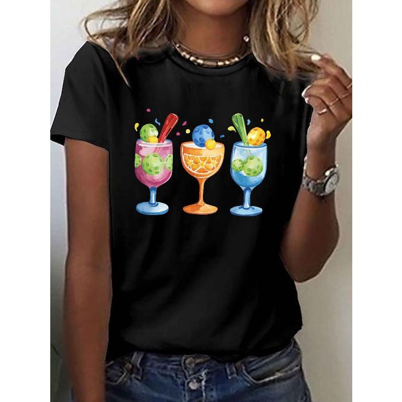 Pickleball Themed Cocktails Illustration Print T-shirt, Short Sleeve Crew Neck Casual Top for Summer & Spring, Women's Clothing