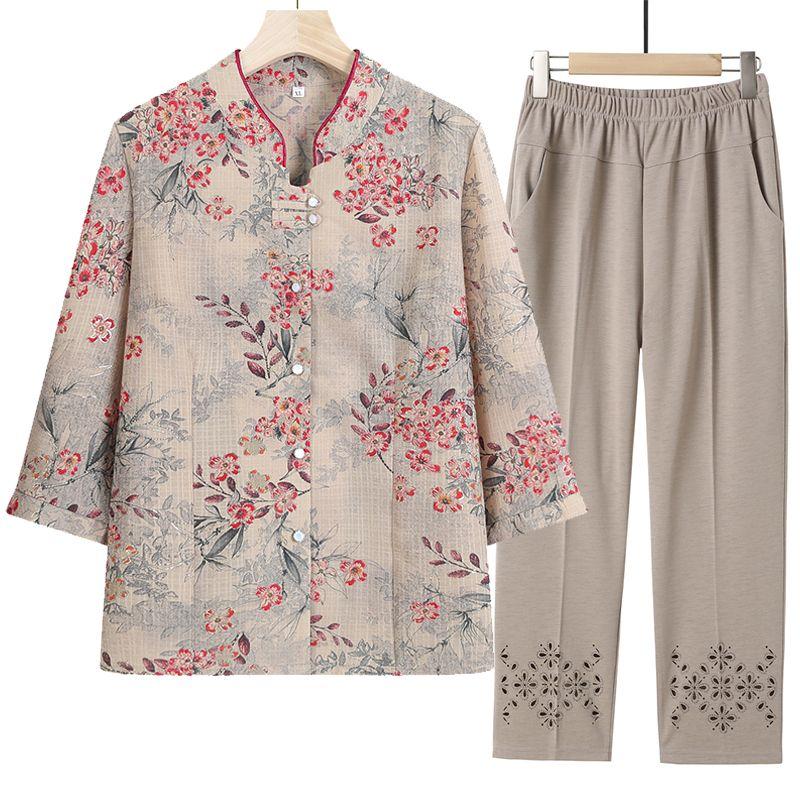 2 Piece Summer Outfit for Elderly Mom Simple Sleeve Shirt Set Lightweight Comfortable Women Clothing