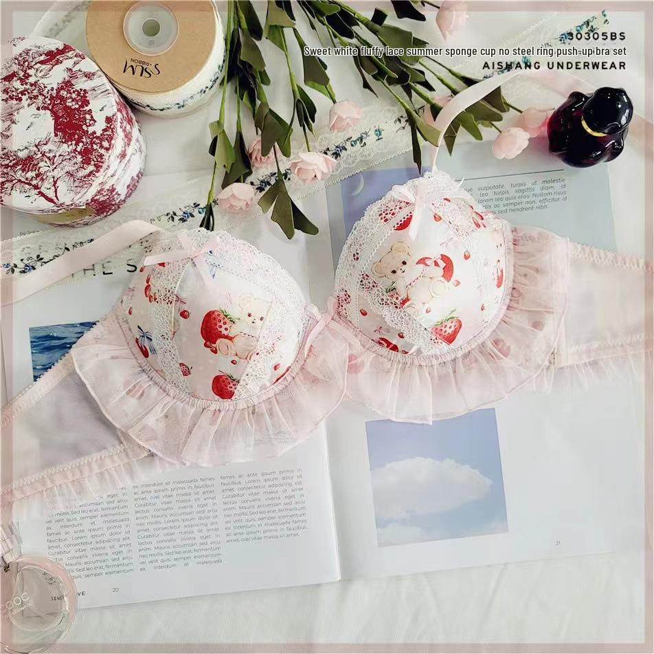 Сладкий Девичий Стиль Лолита Японский Летний Комплект Бюстгальтер и Трусики - Дизайн Клубничный Мишка, Без Косточек, Удобная Поролоновая Чашка 36/80AB