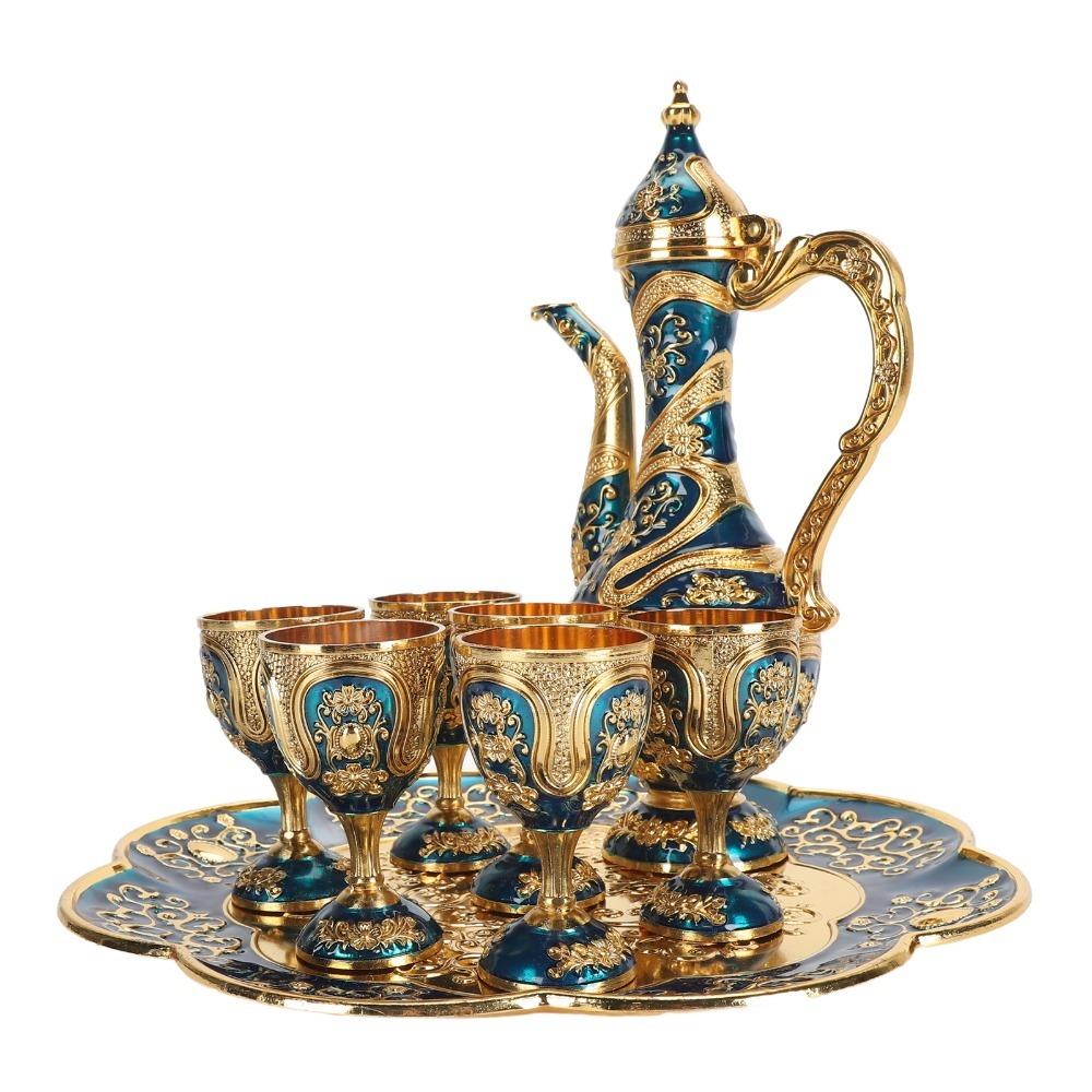 8pcs With Tea Tray Turkish Tea Set Gold Blue Tea Pot Cup Set Tea Sets Tea Glass Set  For Party