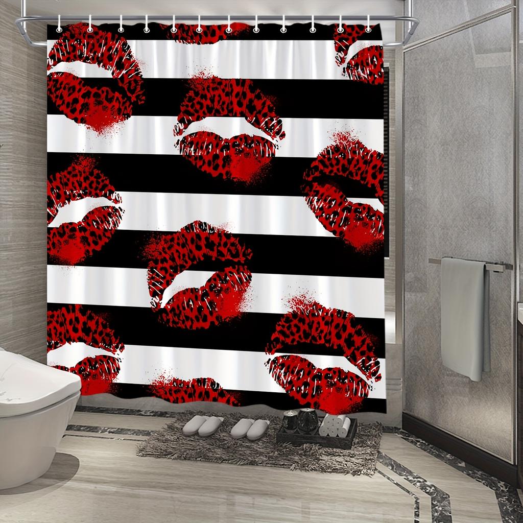 Kühler Leopardenmuster Lippenstift Kuss Duschvorhang - Wasserdicht, Schimmelresistent, Kühles Rot-Schwarz Design, Stilvolle Dekoration