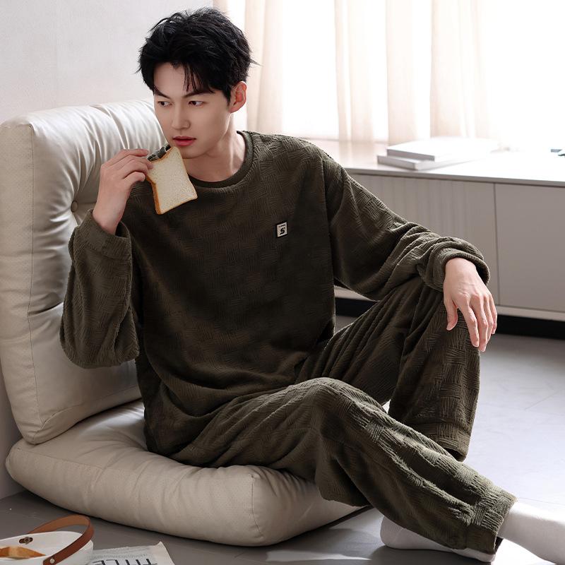 Pajamas Men's winter thickened fleece flannel can be worn outside pullover large size loungewear coral fleece autumn and winter suit