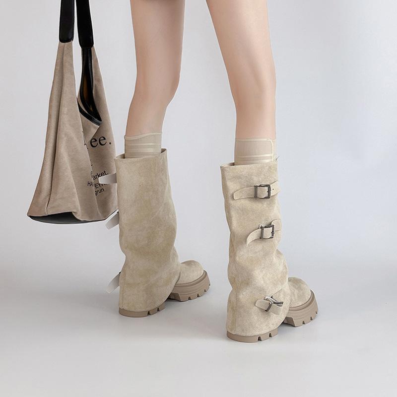 Wasteland wind thick-soled western cowboy fashion boots women's 2025 autumn and winter new pleated belt buckle outer wear medium boots tide