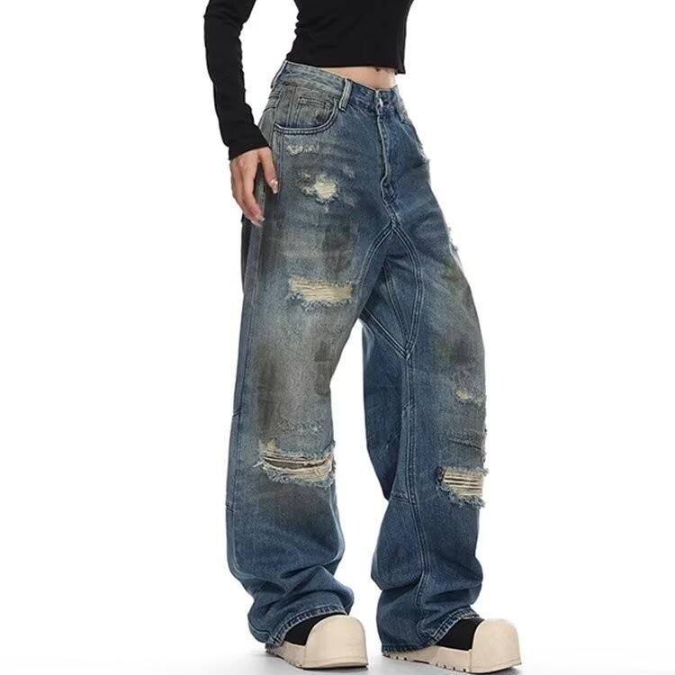 JYL Unisex Straight Jeans Vintage Ripped Dirty Wasteland Summer Slim Denim L бездна