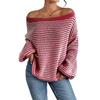 Women Sweater Off Shoulder Oversized Long Sleeve Knit Pullover Top Loose Fit Striped Print Soft Stretchy Knitting Tops