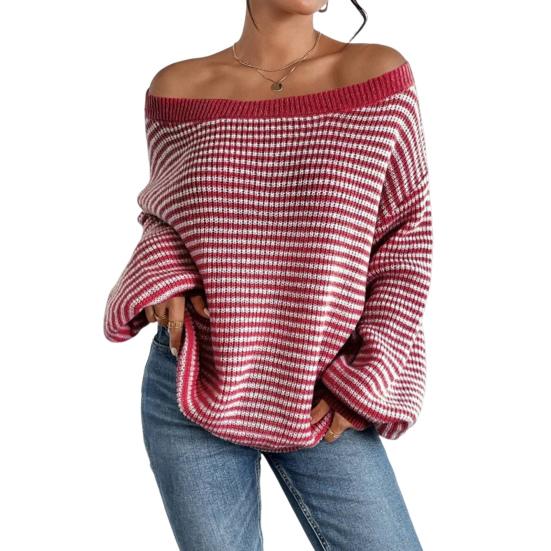 Women Sweater Off Shoulder Oversized Long Sleeve Knit Pullover Top Loose Fit Striped Print Soft Stretchy Knitting Tops