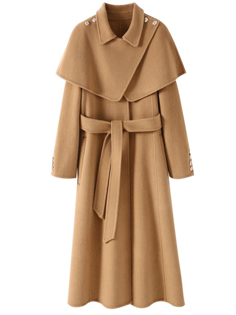 Women's Double-Sided Wool Coat, Extra Long Hepburn Style with Detachable Shawl – Fashionable Autumn/Winter Outerwear