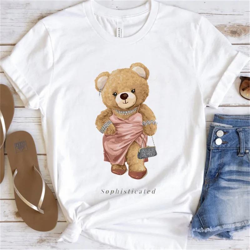 Cute Bear Print Shirts White Fashion Women T-Shirts Harajuku Kawaii Clothes Short Sleeve Summer Tees Casual Female Tops O-Neck