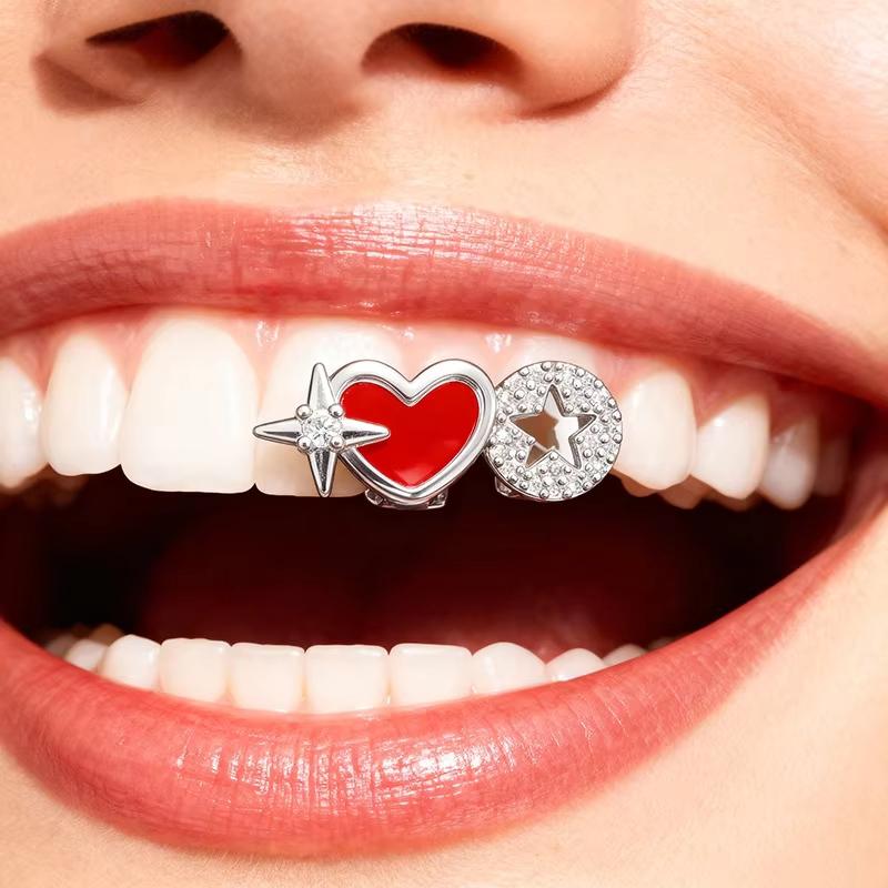 Hot-Selling Red Heart-Shaped Single Braces With Sparkling Zircon Diamond Fashion Gold Plated Teeth for Men Women
