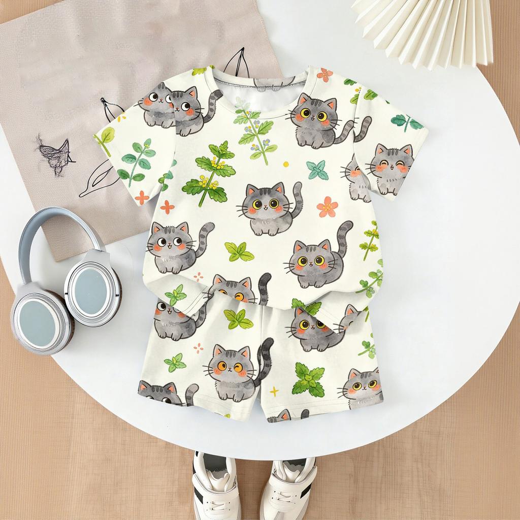 Kids Casual Short Sleeve Top and Shorts Set Animal Print Lightweight Comfortable Summer Outfit for Boys and Girls
