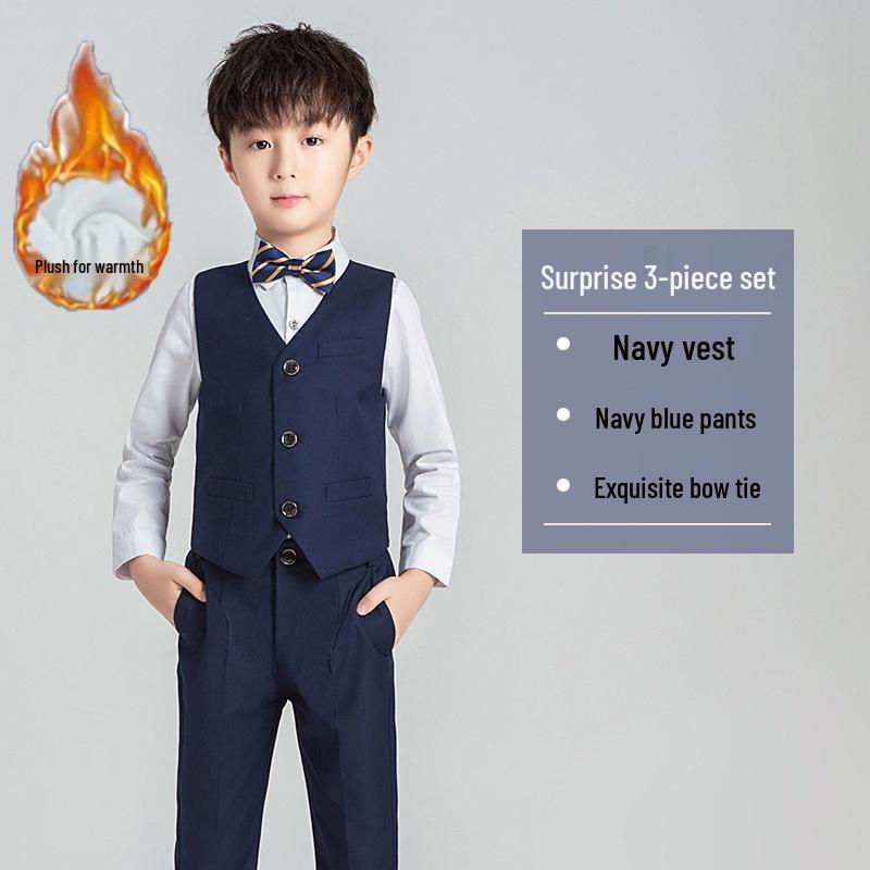 Boy's Formal Ensemble: Fleece White Shirt, Black Suit Pants, Vest, Page Boy Overalls, Performance Costume