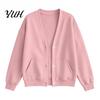 Fall Winter Top Women Button Front V-Neck Cardigan, Solid Color Oversized Sweatshirt with V Neck Cardigan Dual Pockets, Long Sleeve Casual Jacket for