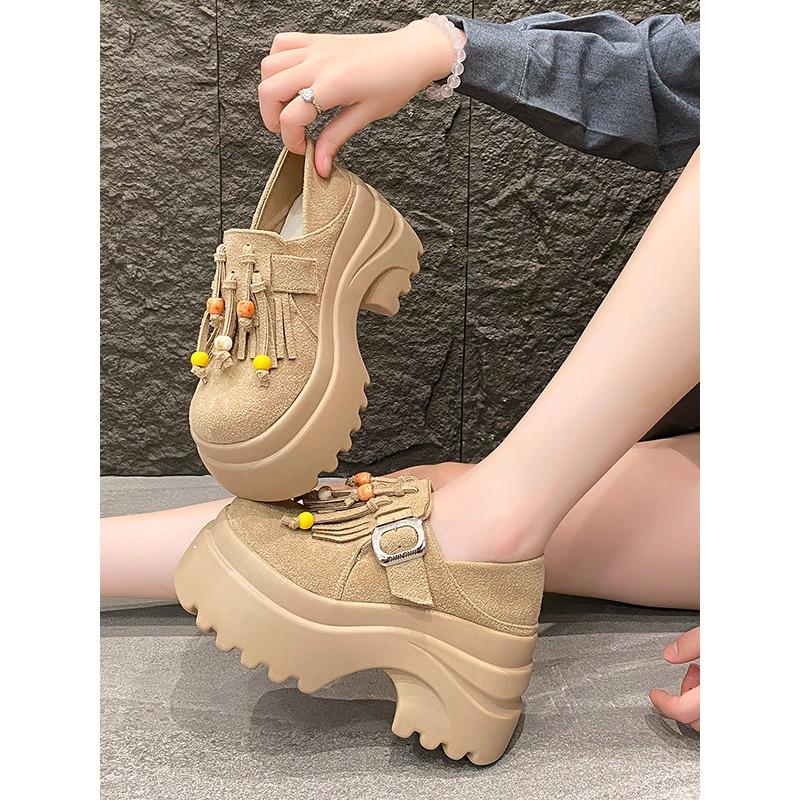 2025 Women's High Platform Leather Shoes New Spring 9CM Heels Chunky Sneakers Female Lace-up Loafers Walking Shoes Woman