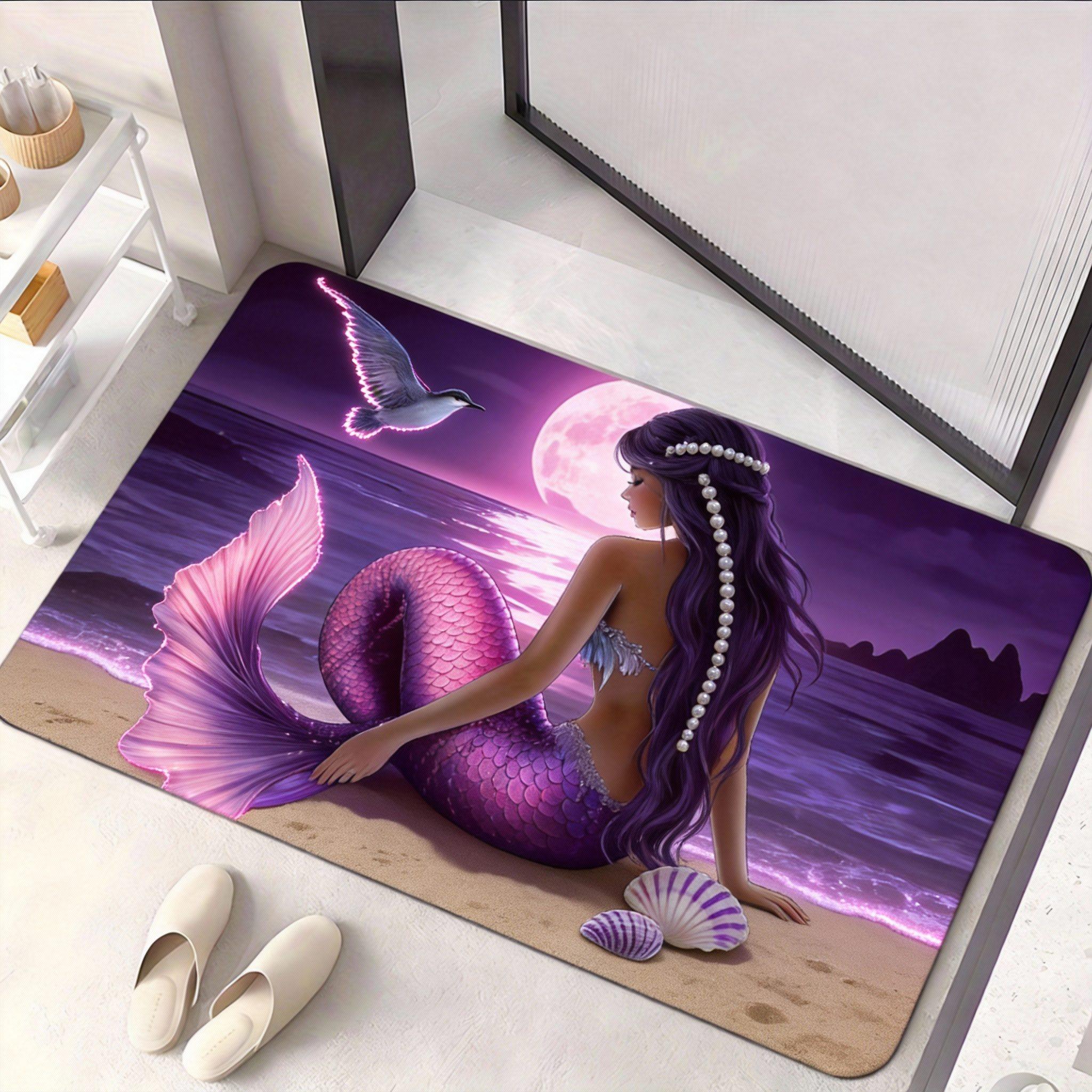 Mermaid Fantasy Deurmat 1 Stuk – Blauwe Oceaan Maanlicht Scène met Schelpen, Magische Kunst Vloermat voor Entree en Slaapkamer 40x60cm16x24in