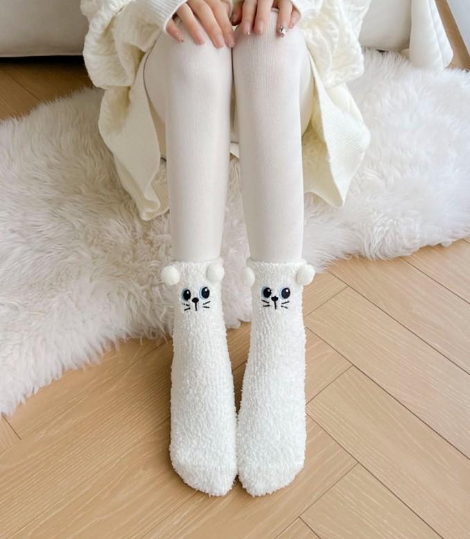Japanese Coral Fleece Bear Cartoon Mid-Calf Socks - Autumn/Winter, Non-Shedding Sleep Socks