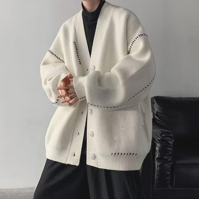 Кардиган свитер мужской осенний корейский стиль модный свободный свитер с V-образным вырезом американский дизайн повседневный свитер M