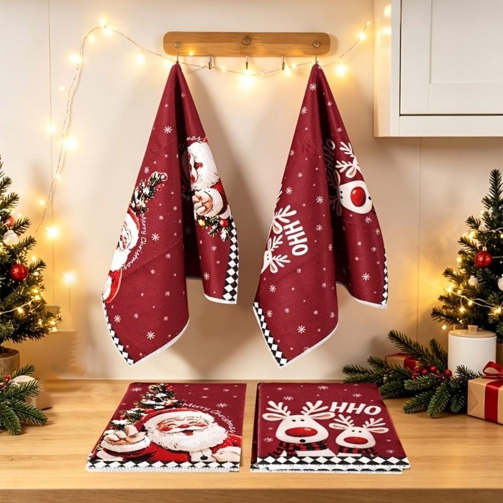 2pcs Reindeer Christmas Kitchen Towels Santa Claus Dish Towels Cleaning Cloth Kitchen Decor