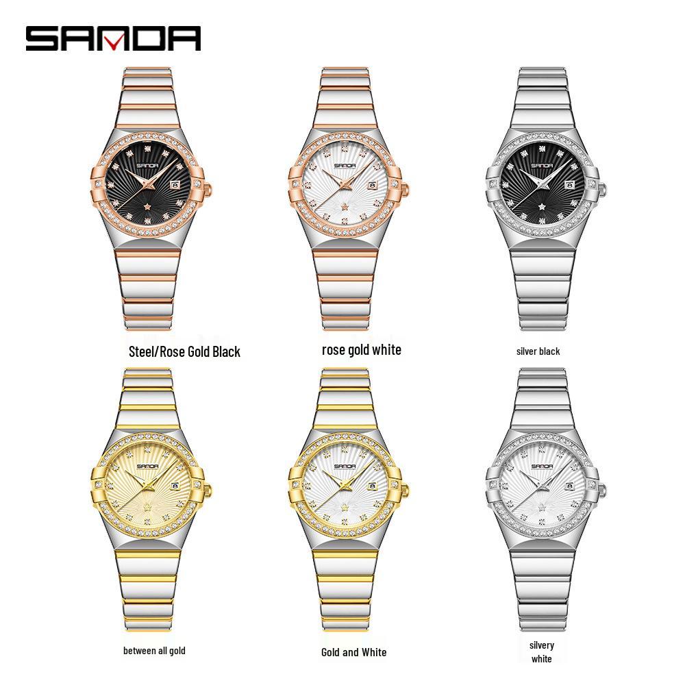 SANDA Women's Waterproof Luminous Quartz Watch with Sunray Dial and Diamond Set Markers