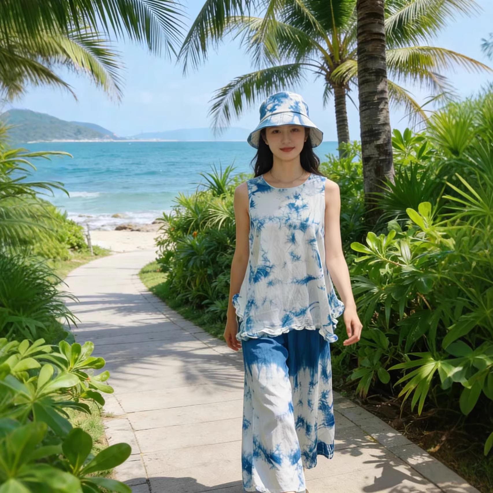 Yunnan Dali Tie-Dye Ruffle Neck Two-Piece Summer Set M2587 One Size