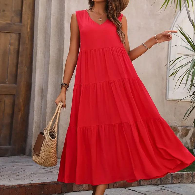 Women's Elegant Holiday V-neck Tiered Patchwork Hem Loose Dress