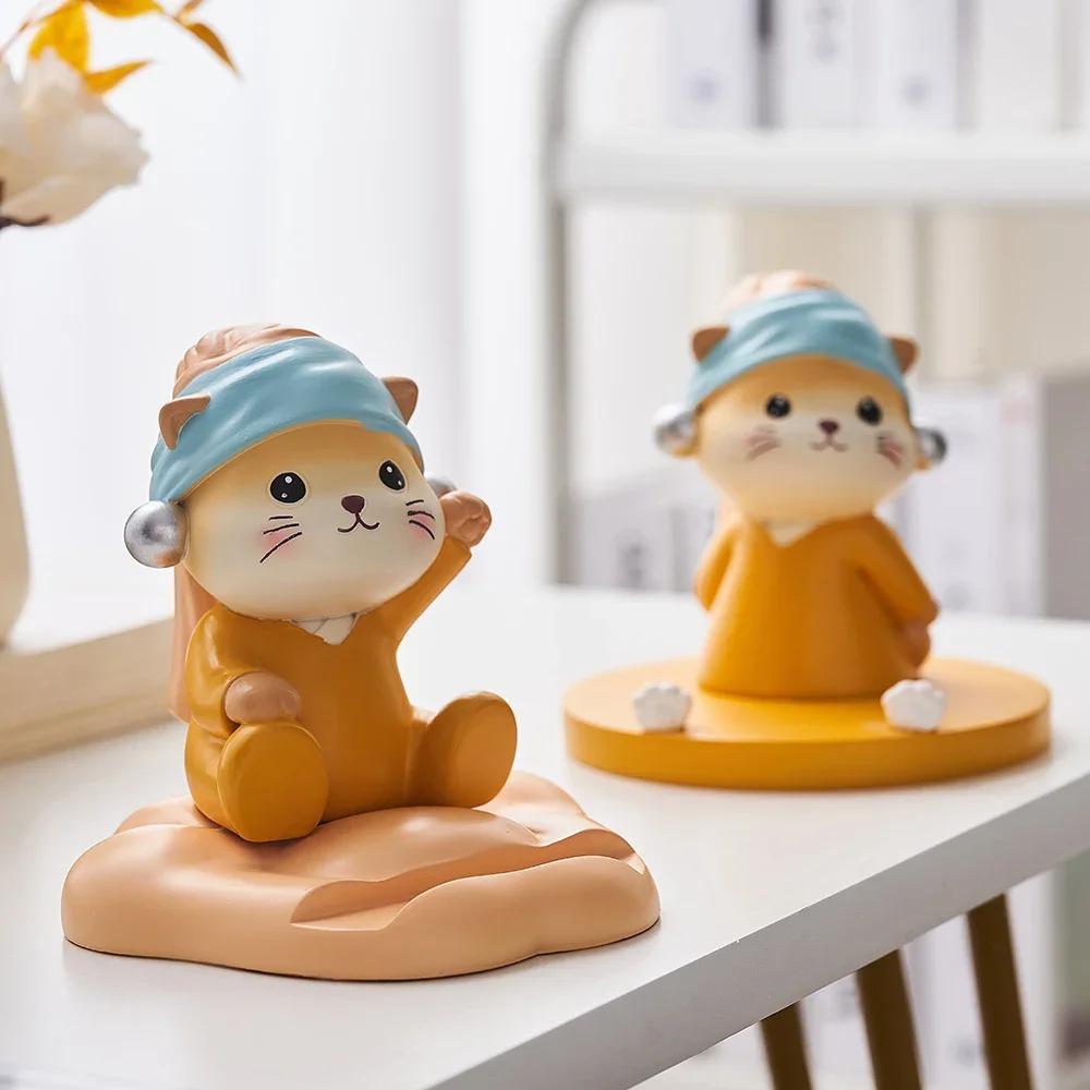 Aesthetic Decorative Ornaments Cat Figurines Miniatures Interior Desktop Mobile Phone Bracket Office Desktop Accessories Gift