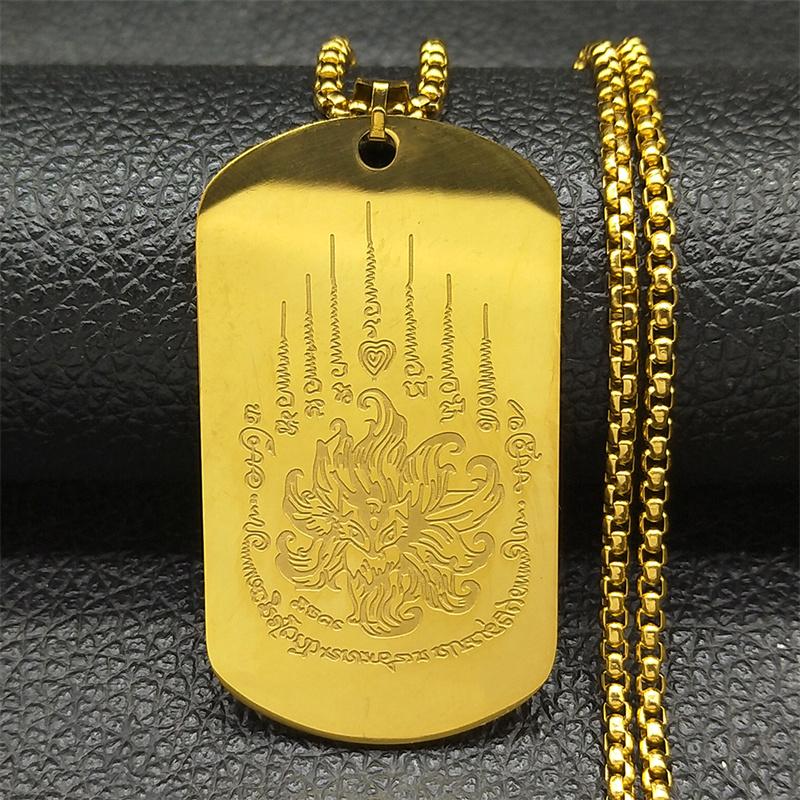 Thai Buddhist Scriptures Lotus Tag Pendant Necklace for Women Men Stainless Steel Gold Color Buddhism Chain Jewelry NZZZ780S06