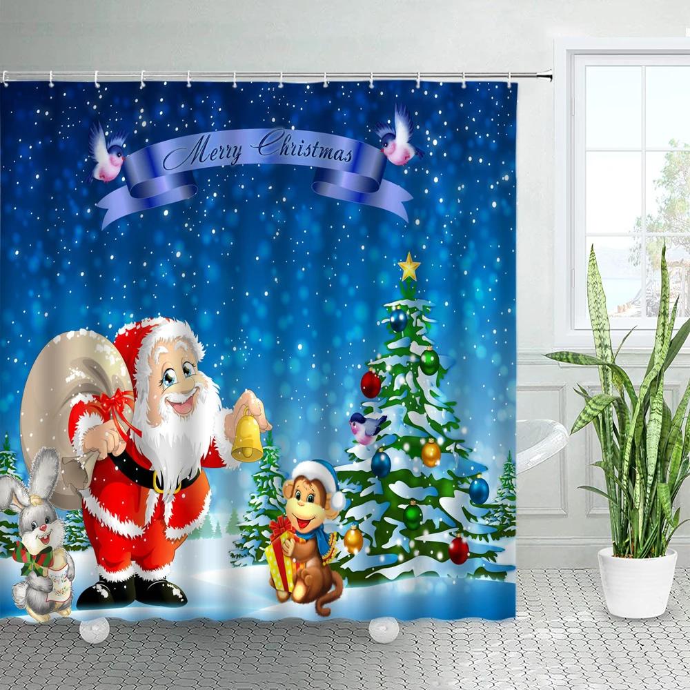 3D Red Santa Christmas Bathroom Shower Curtain New Year Party Xmas Wall Hanging Waterproof Polyester Bathtub Bath Curtains Decor
