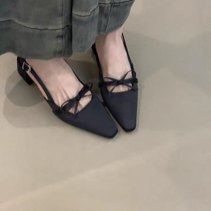 2025 Elegant Satin Butterfly Knot Head Cover Sandals Women's Pointed Toe Thick Heel One-Strap High Heels Backless Single Shoes