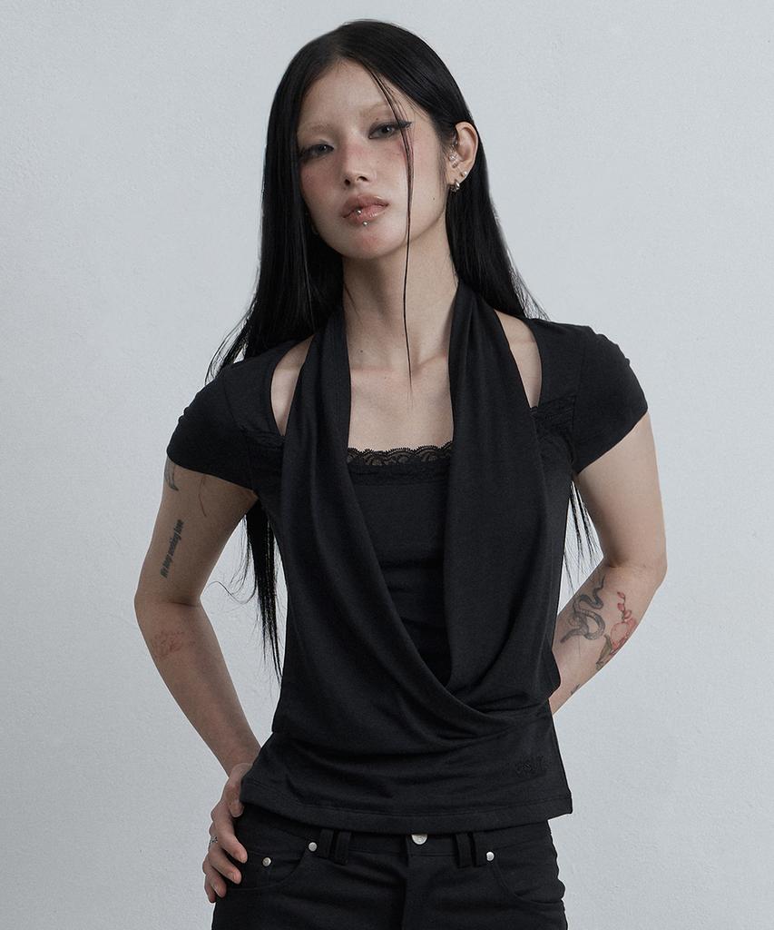 Aejeuyua Lace Cowl Neck T-Shirt Black