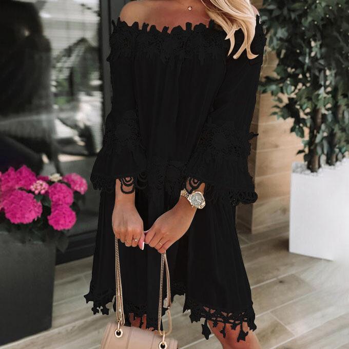 Schwarz-weißer Mantel, eine Schulter, Spitze, Spitzenkleid, Damenmode, Frühling, Langarm-Kleider