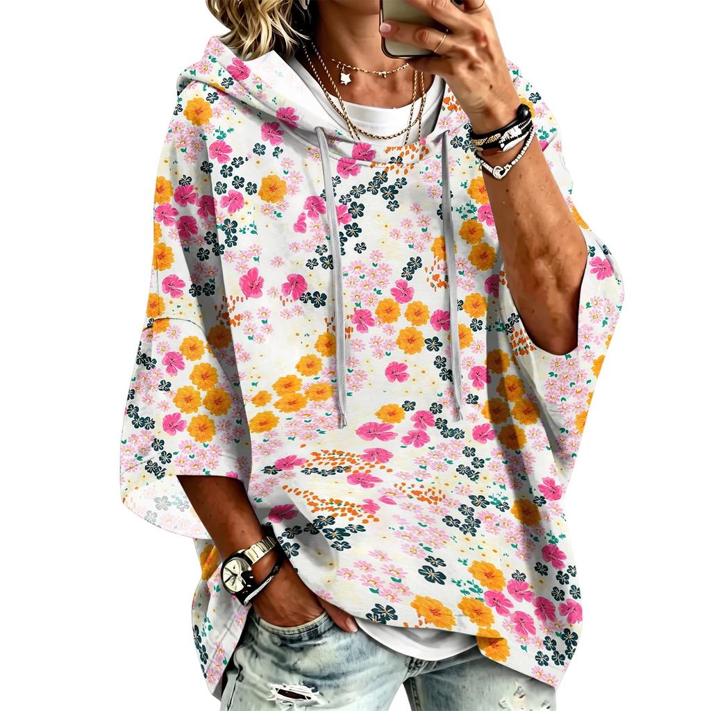 Women's Vintage Floral Print Hooded Pullover Top with Three-Quarter Sleeves for Casual Everyday Wear